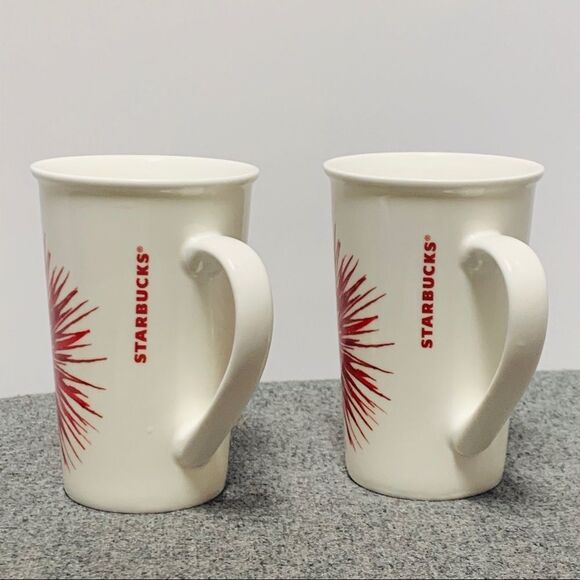 2 Set Starbucks Red Starburst 12 Fl Oz Tall Coffee Mugs 2014 Edition Mid Century - Picture 6 of 9